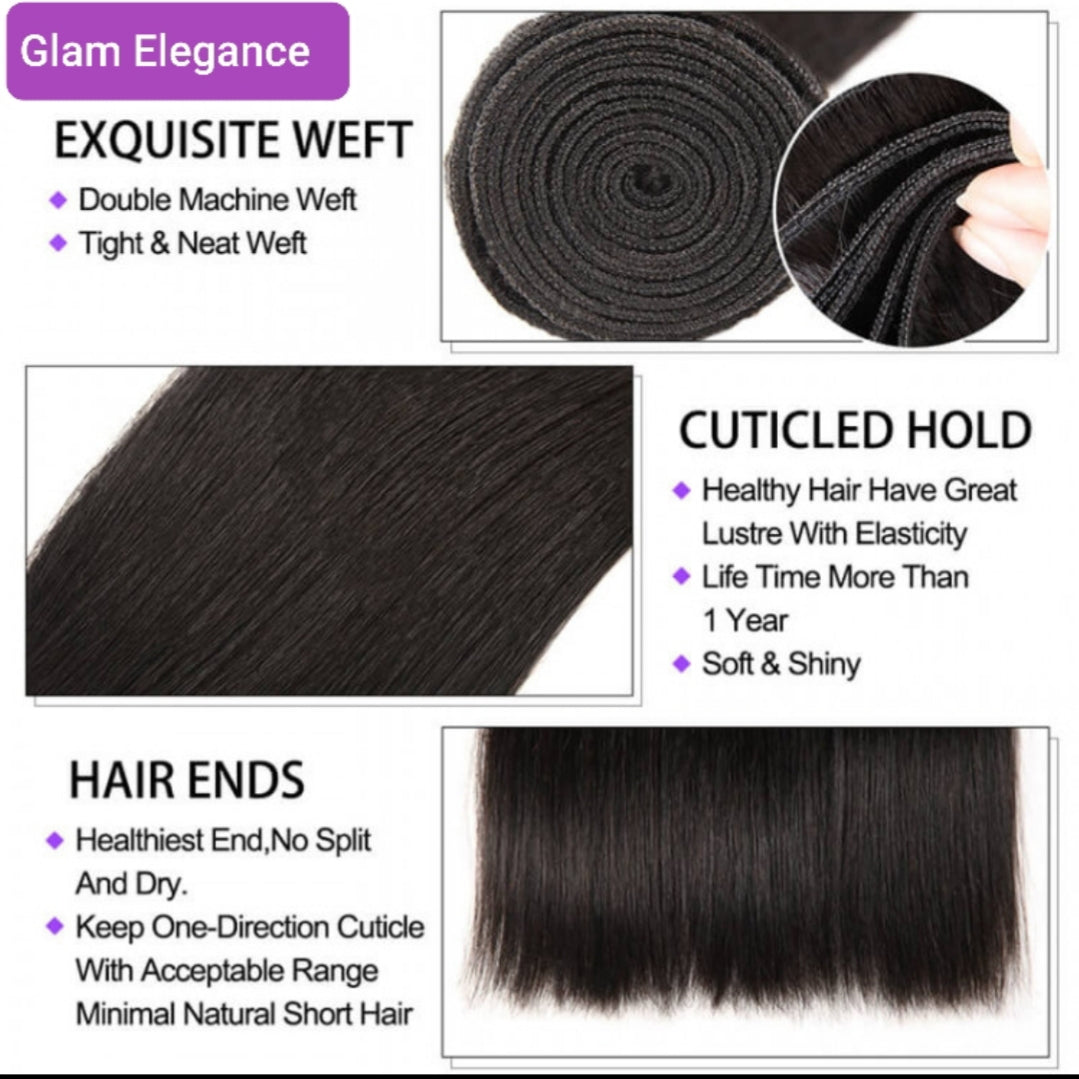 Brazilian Straight Weft 2 Bundles with 4×4 Lace Closure. Natural Black 100% Virgin Hu