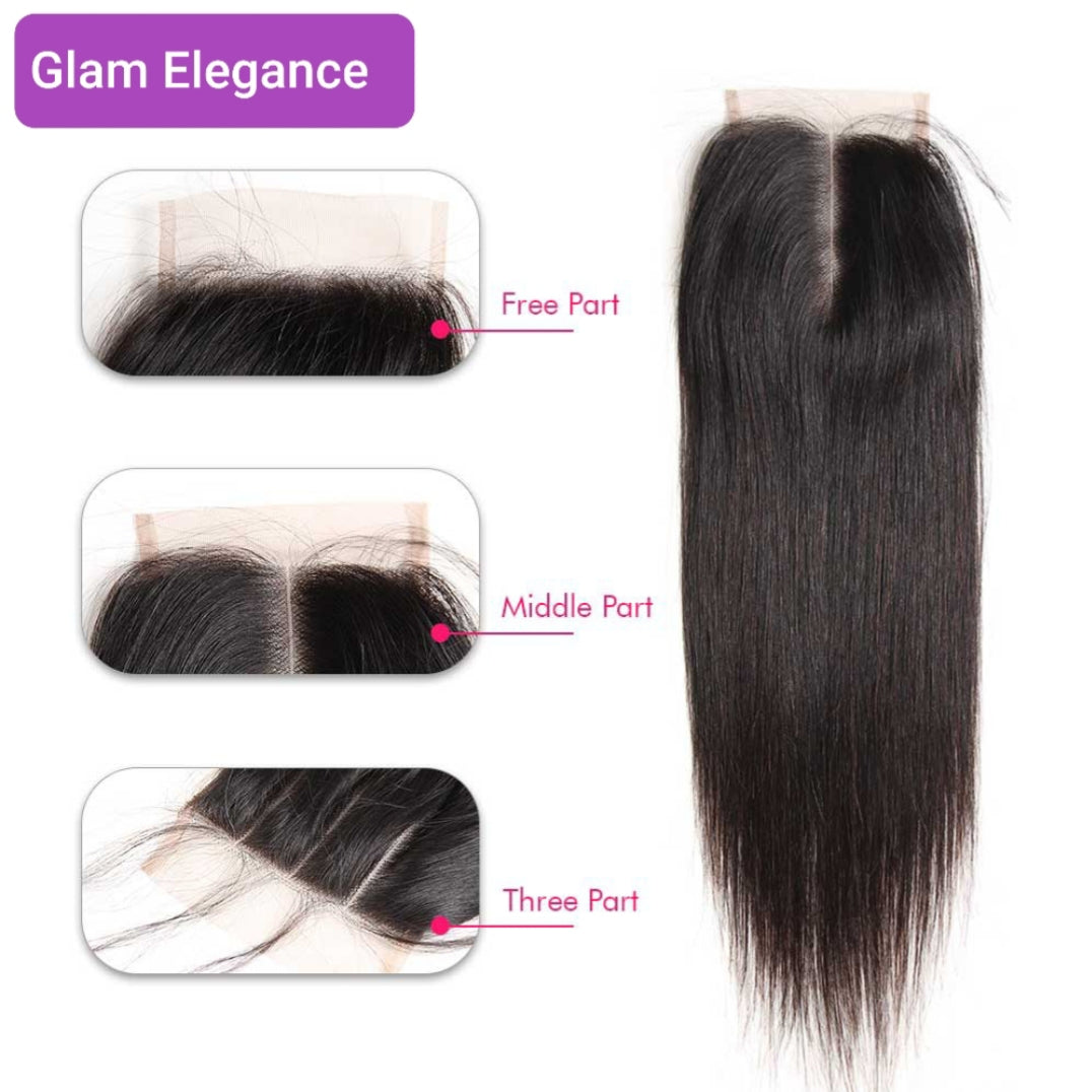 Brazilian Straight Weft 2 Bundles with 4×4 Lace Closure. Natural Black 100% Virgin Hu