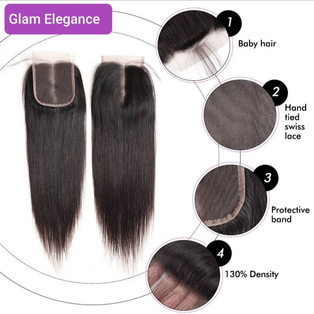 Brazilian Straight Weft 2 Bundles with 4×4 Lace Closure. Natural Black 100% Virgin Hu