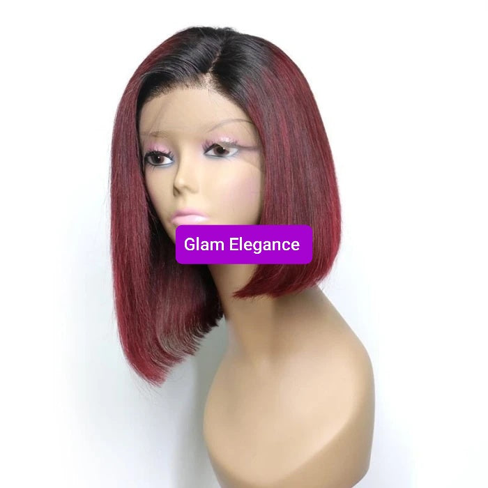 Glam Elegance Premium AAA Silky Blunt Cut 1b /Burgundy Lace Front Wig