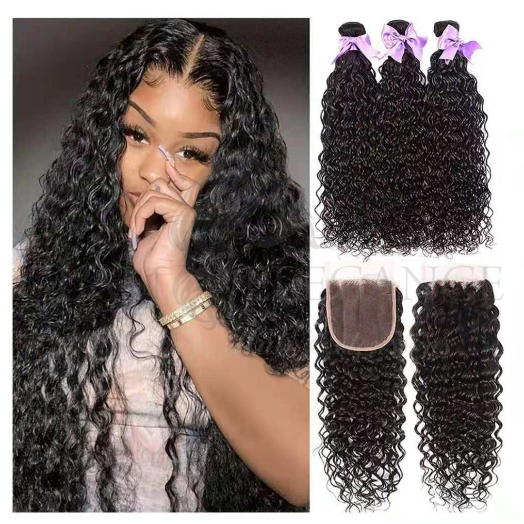 Glam Elegance Deep Wave 3Bundles With 4x4 Lace Closure Remy Human Hair Extension