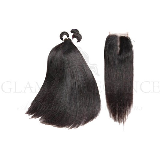 Brazilian Straight Weft 2 Bundles with 4×4 Lace Closure. Natural Black 100% Virgin Hu