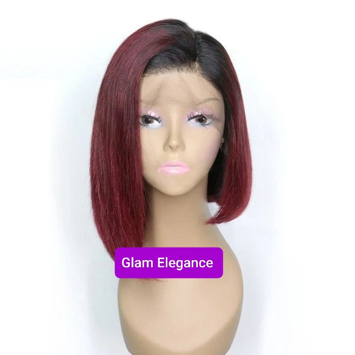 Glam Elegance Premium AAA Silky Blunt Cut 1b /Burgundy Lace Front  Wig